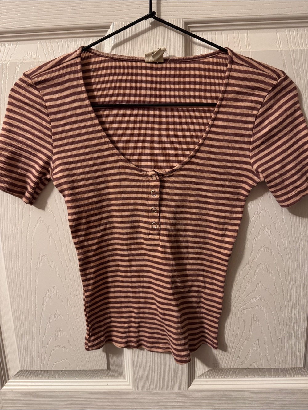 Striped Scoop Neck Henley Top - Pink and Brown